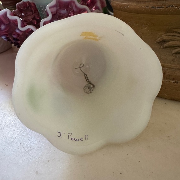 Fenton White Satin Glass Bell – Hand Painted Floral by J. Powell - Picture 4 of 5